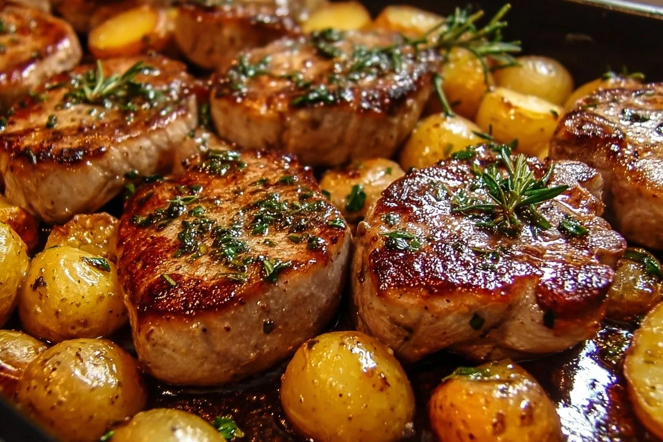 Sheet pan meal featuring succulent pork chops and crispy roasted potatoes