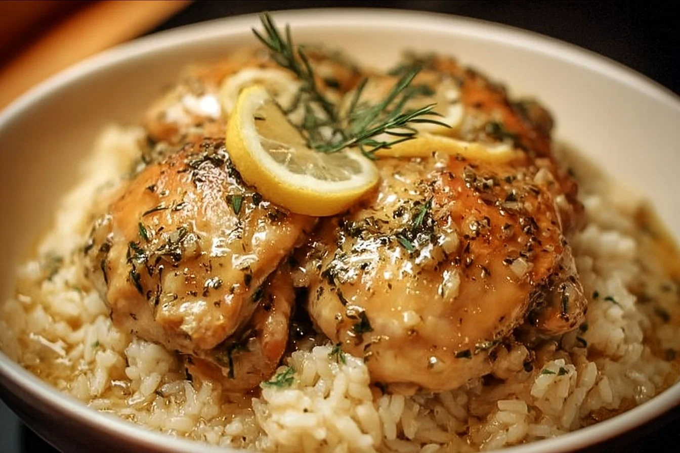 Slow Cooker Lemon Herb Chicken with Rice garnished with fresh herbs