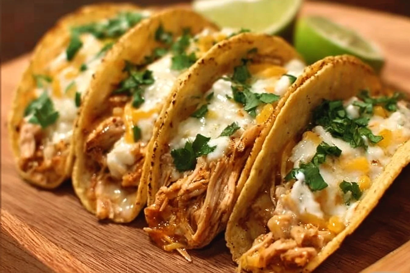 Delicious white chicken chili tacos with toppings and fresh ingredients