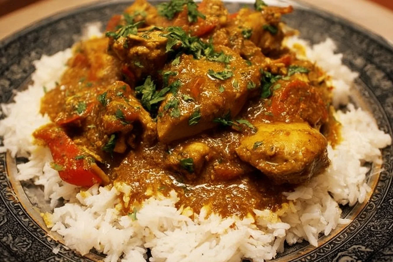 Authentic Jamaican Curry Chicken 3 A plate of Authentic Jamaican Curry Chicken garnished with herbs and served with rice