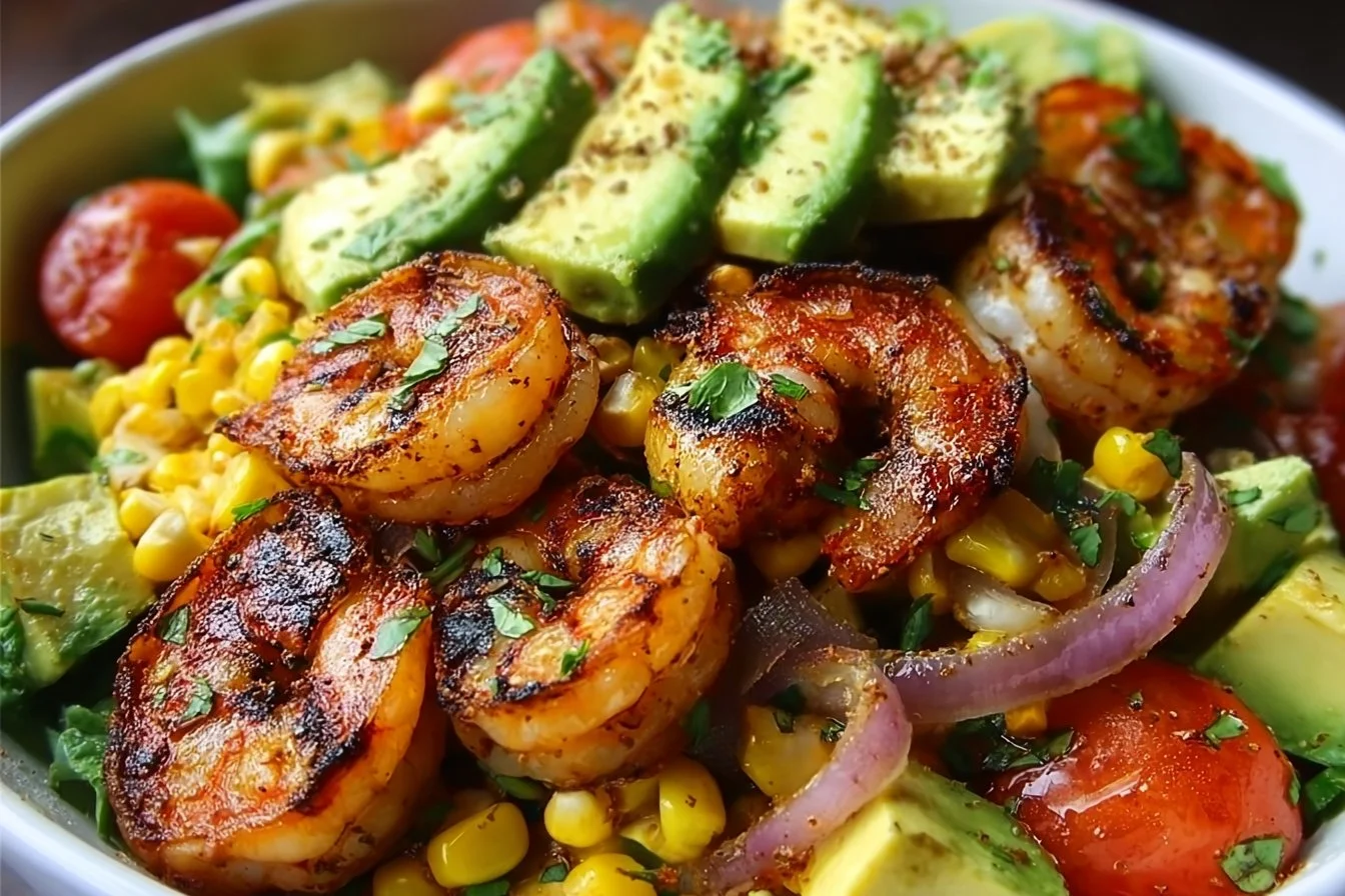 Avocado Corn Salad topped with Grilled Shrimp, fresh ingredients, summer dish