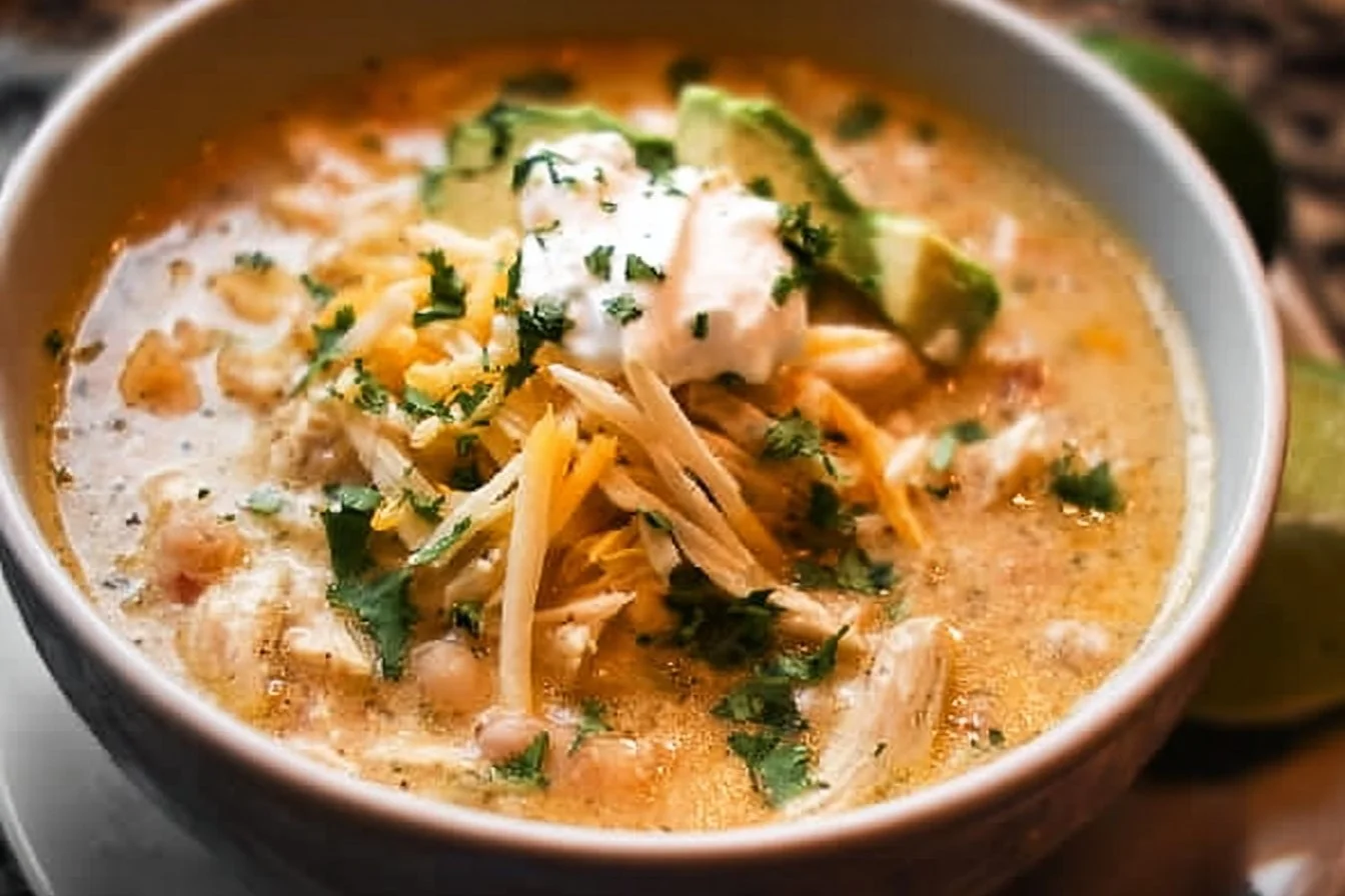 Bowl of award-winning white chicken chili topped with cilantro and cheese.