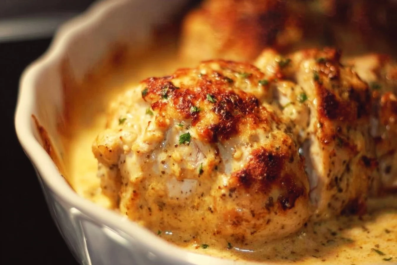Baked Caesar Chicken 3 Baked Caesar Chicken dish with crispy topping and fresh ingredients