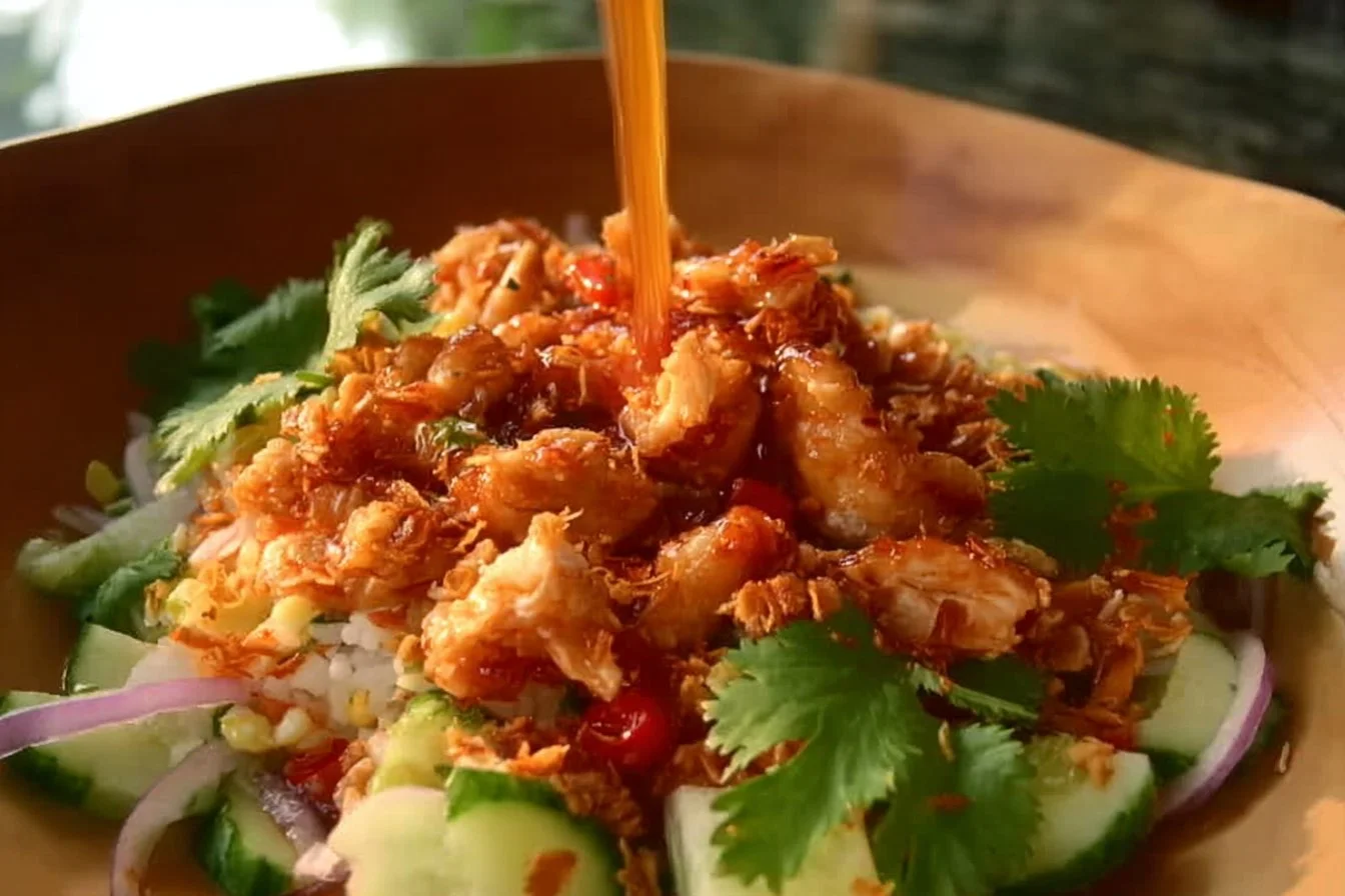 Plate of Bang Bang Chicken Crispy Rice Salad with vibrant vegetables and dressing