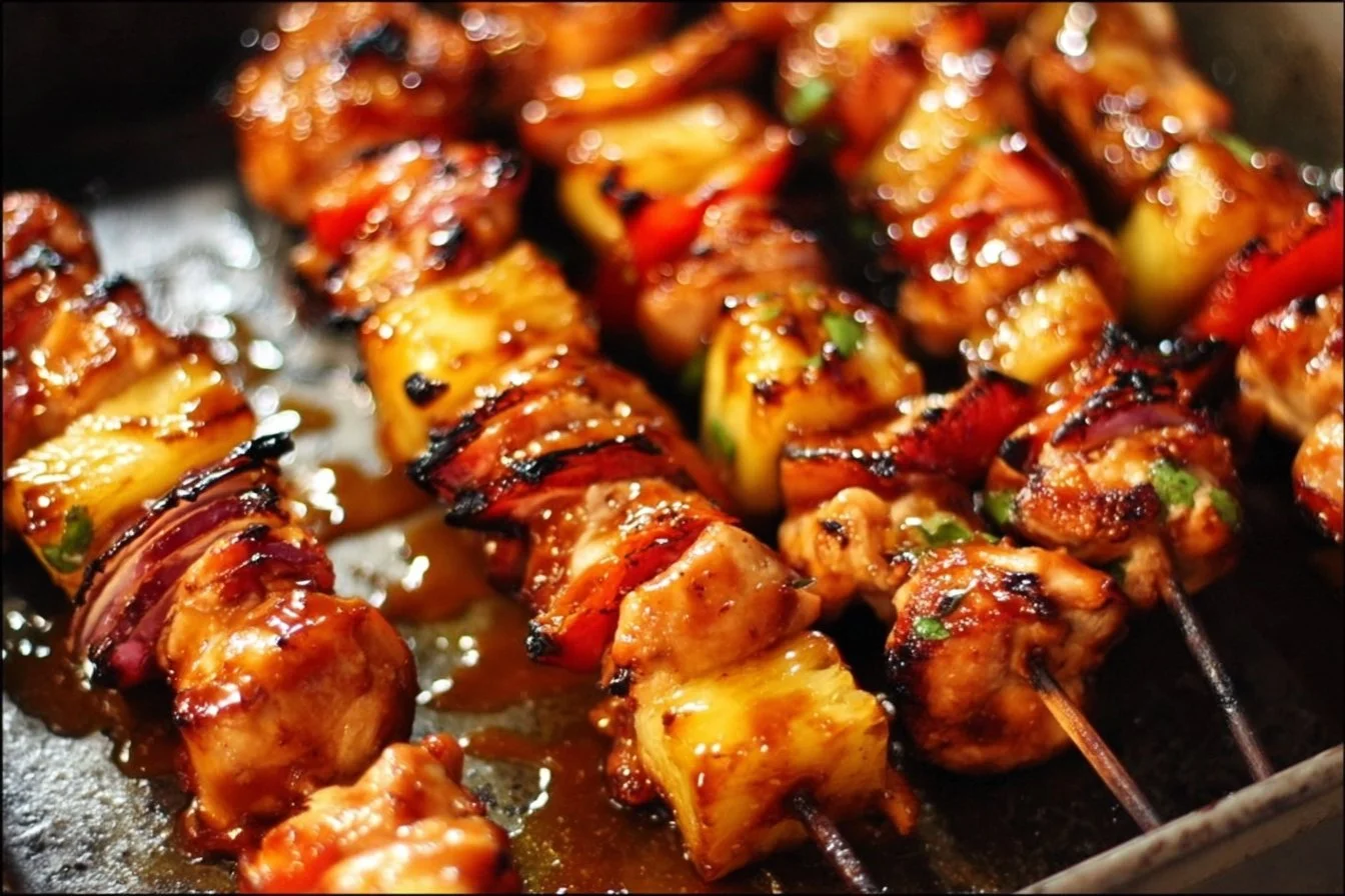 Delicious BBQ Pineapple Chicken Kabobs on the grill, featuring vibrant ingredients