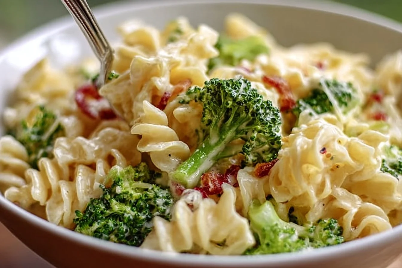 Delicious broccoli pasta salad with fresh vegetables and dressing.