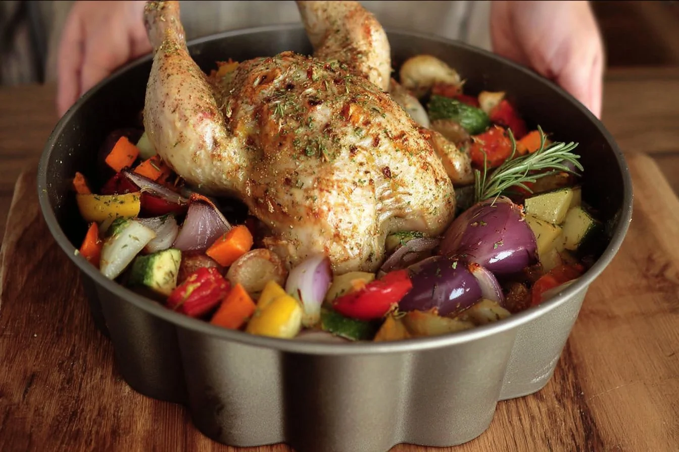 Bundt Pan Roasted Greek Chicken with colorful vegetables