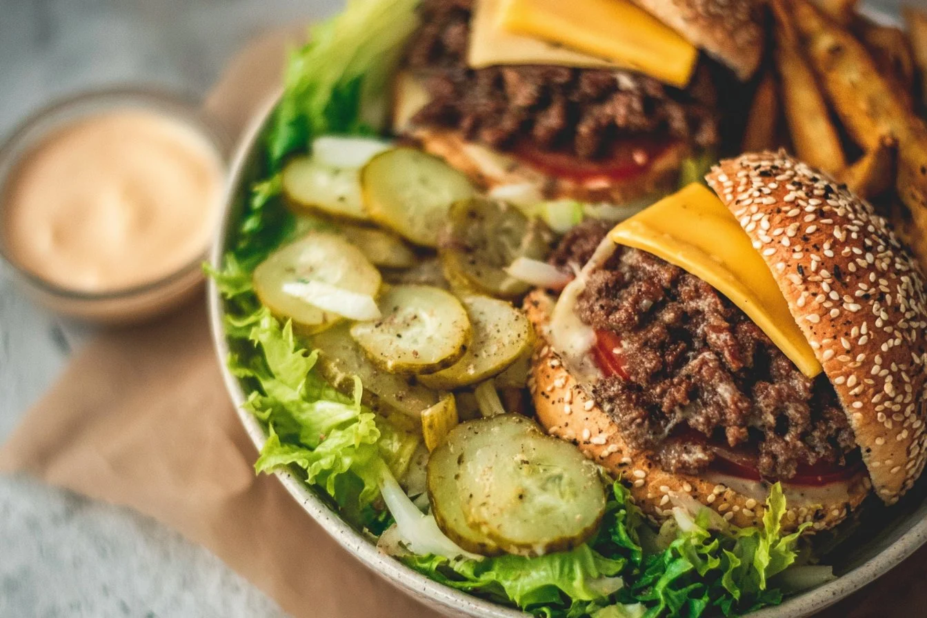 A colorful and appetizing burger bowl filled with fresh ingredients and toppings.