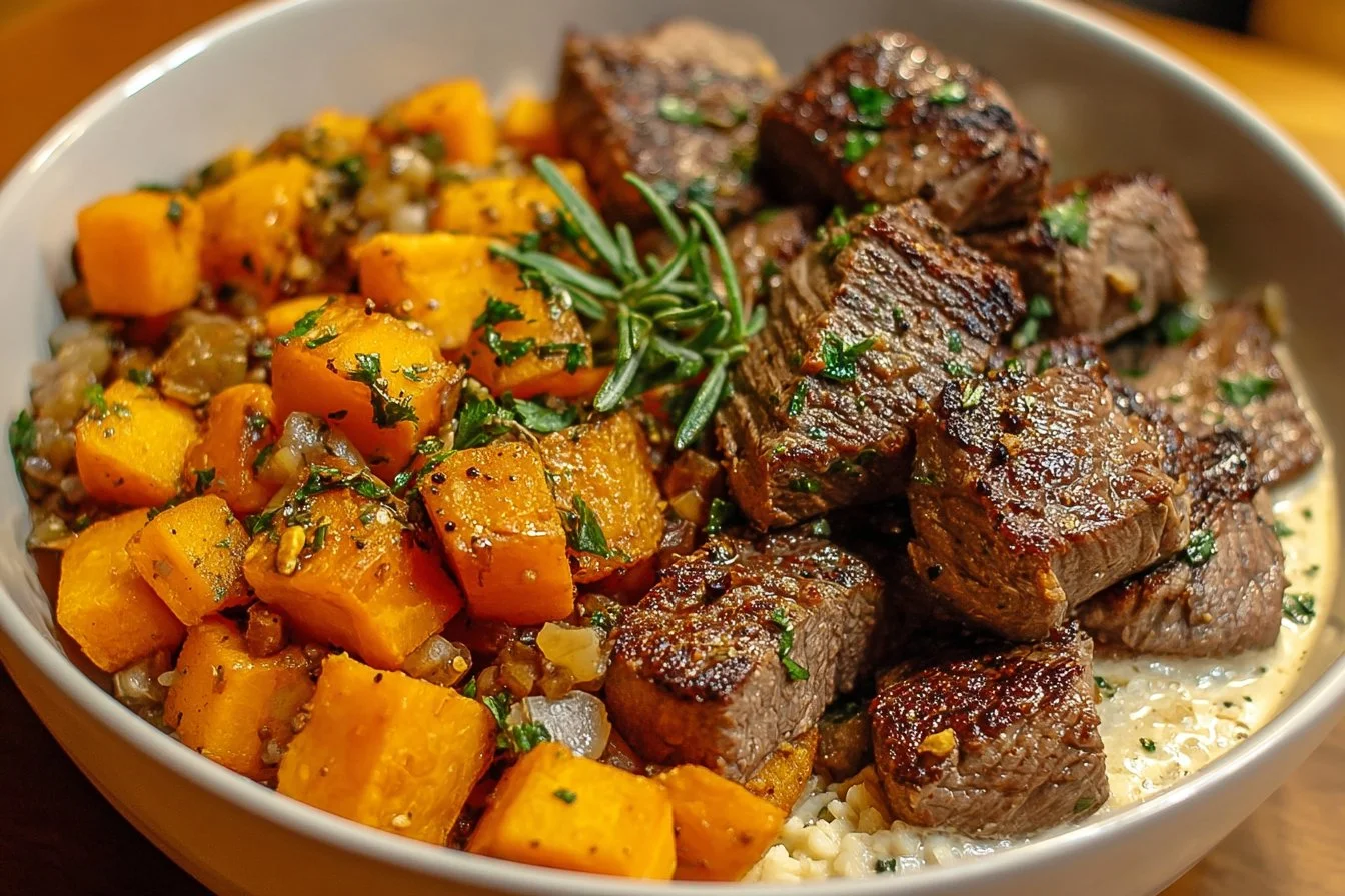 Butternut squash and garlic herb steak bowls with vibrant veggies.