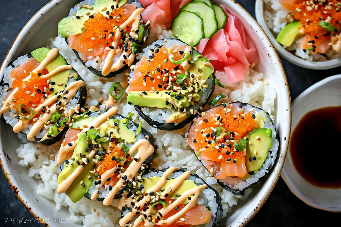 California Roll Sushi Bowls 3 Colorful California Roll sushi bowl with crab, avocado, and cucumber