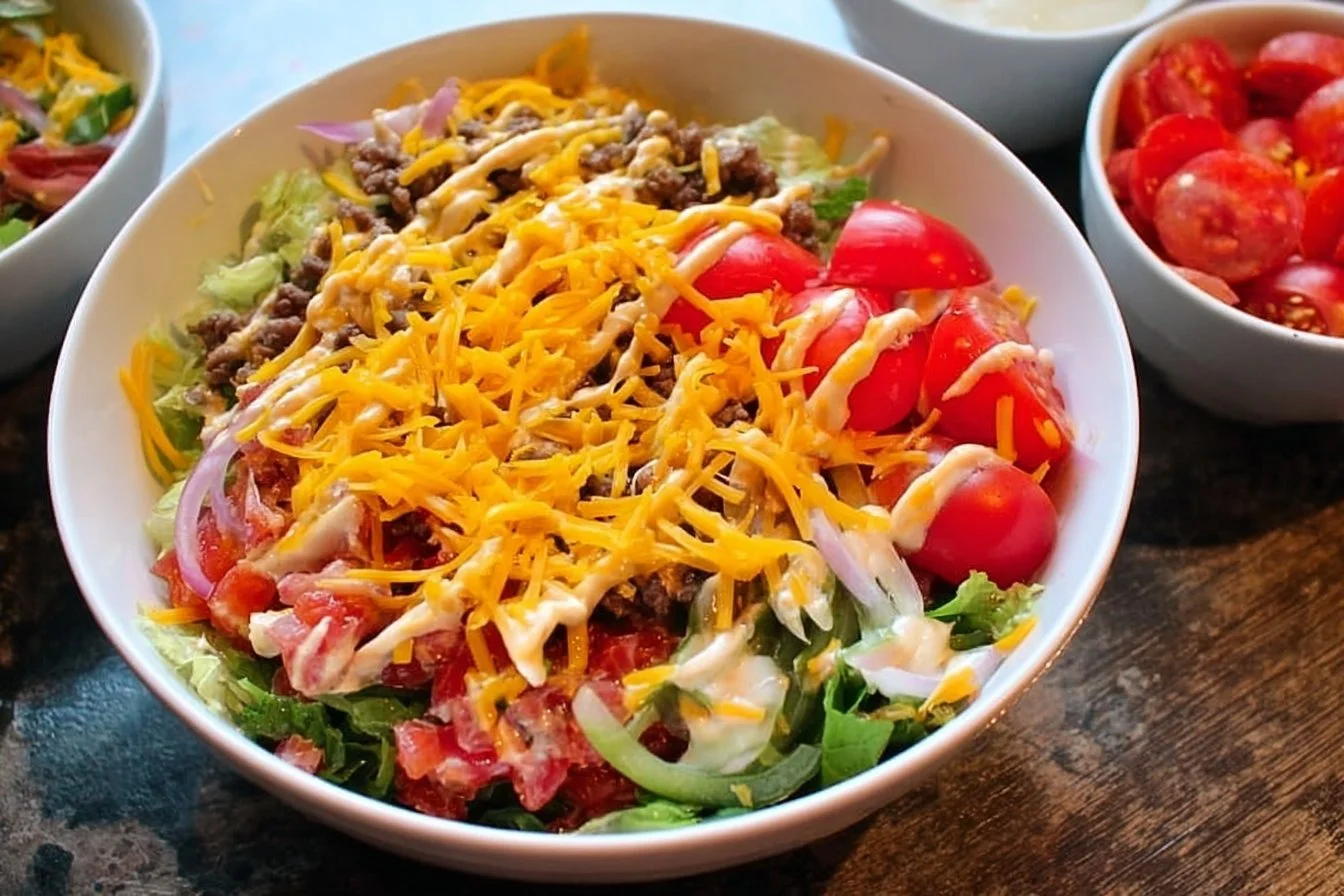 Delicious cheeseburger bowl with fresh ingredients and toppings