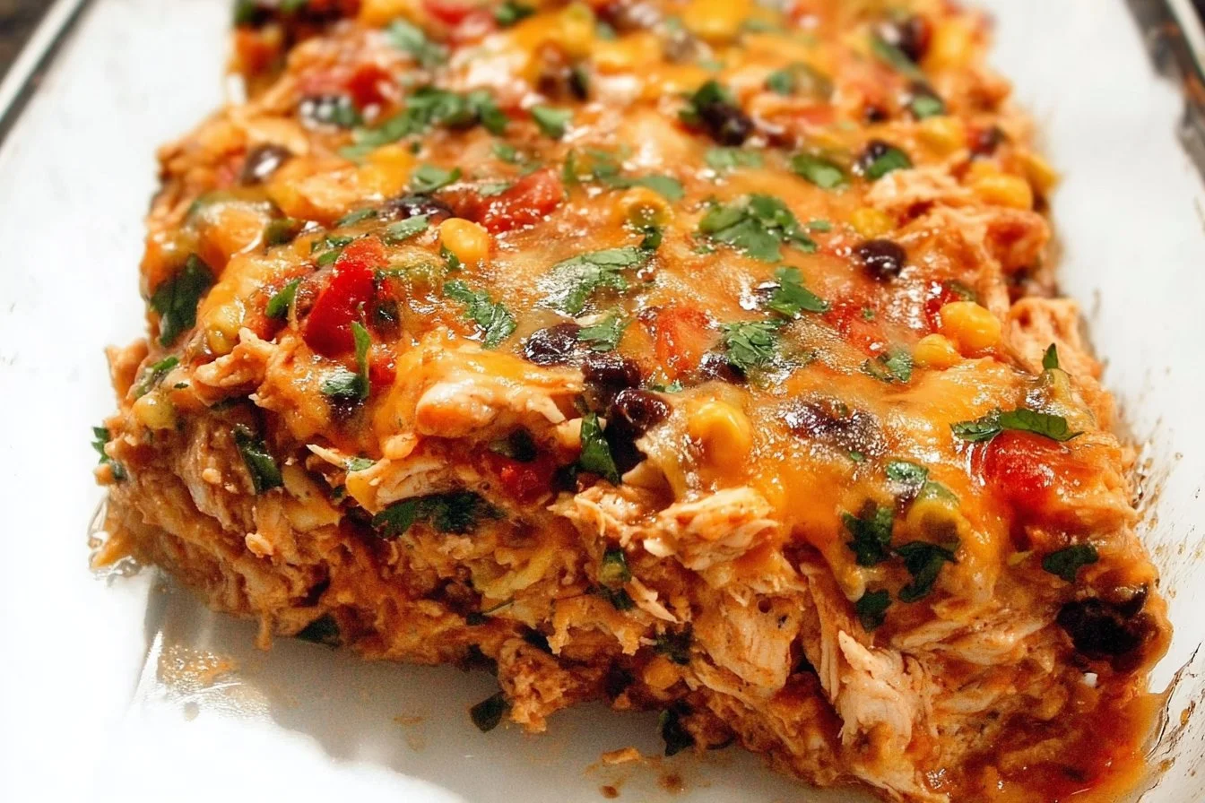 Chicken Burrito Casserole 3 Delicious Chicken Burrito Casserole topped with cheese and fresh ingredients