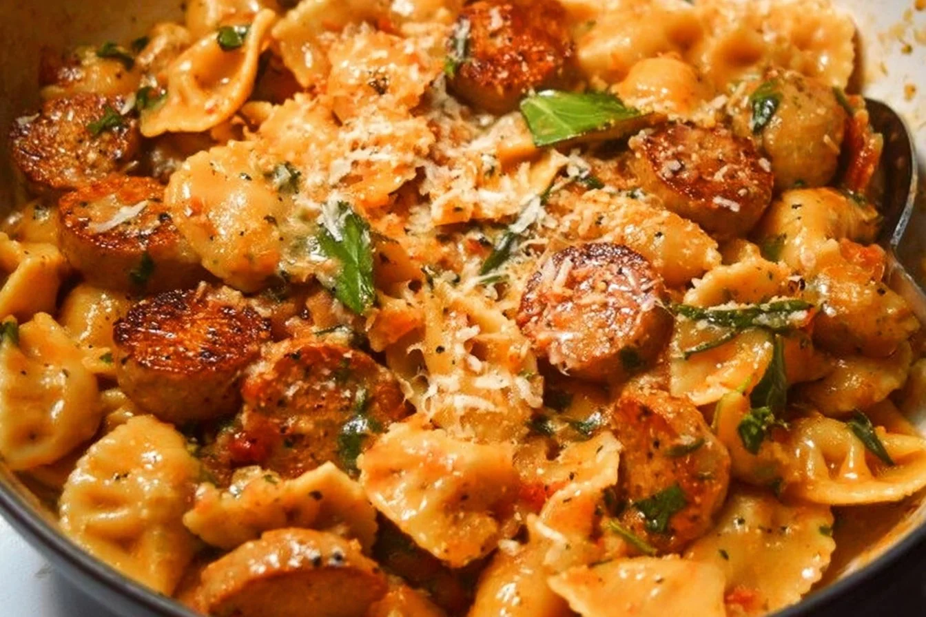 Delicious chicken sausage pasta served in a bowl with fresh herbs
