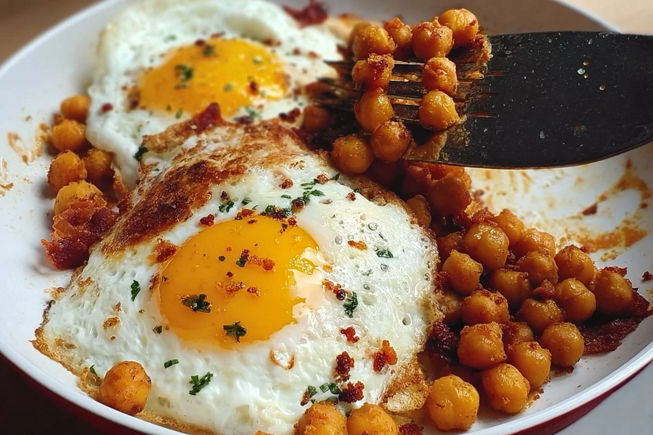 Healthy Chickpea Fried Eggs served on a plate with fresh herbs