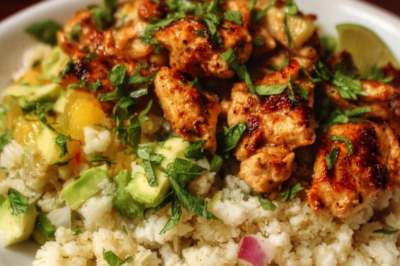 Cilantro Lime Chicken served with riced cauliflower on a plate