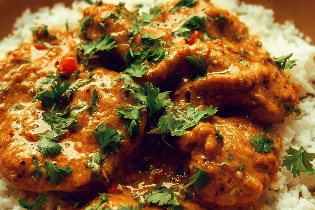 Delicious Coconut Chicken served with fresh herbs and a side of rice
