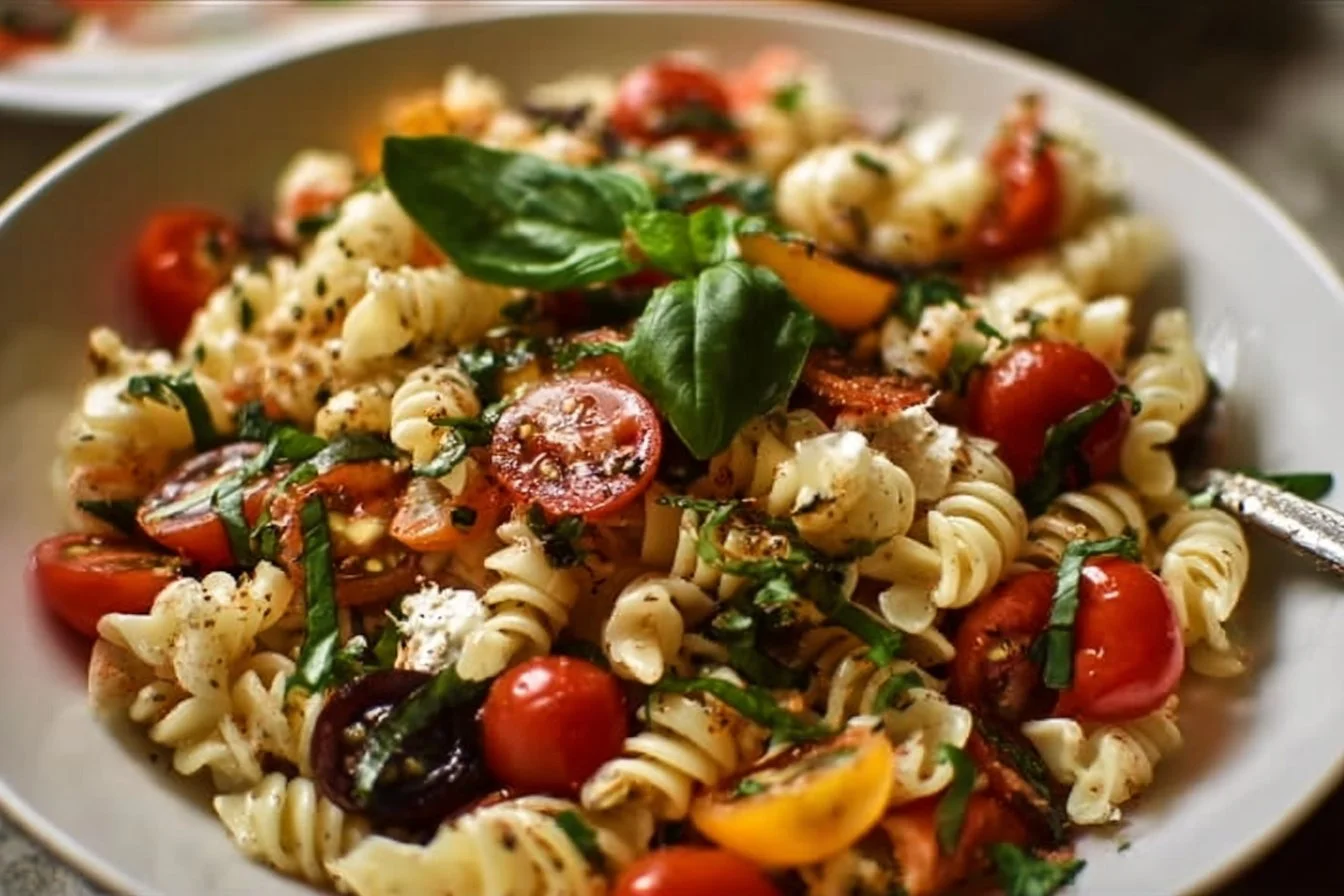 Cold Bruschetta Pasta Salad 3 Cold Bruschetta Pasta Salad with tomatoes, basil, and pasta in a bowl