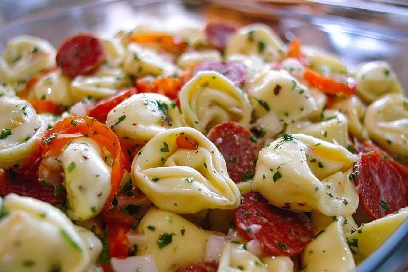 Delicious cold tortellini pasta salad with fresh vegetables and dressing