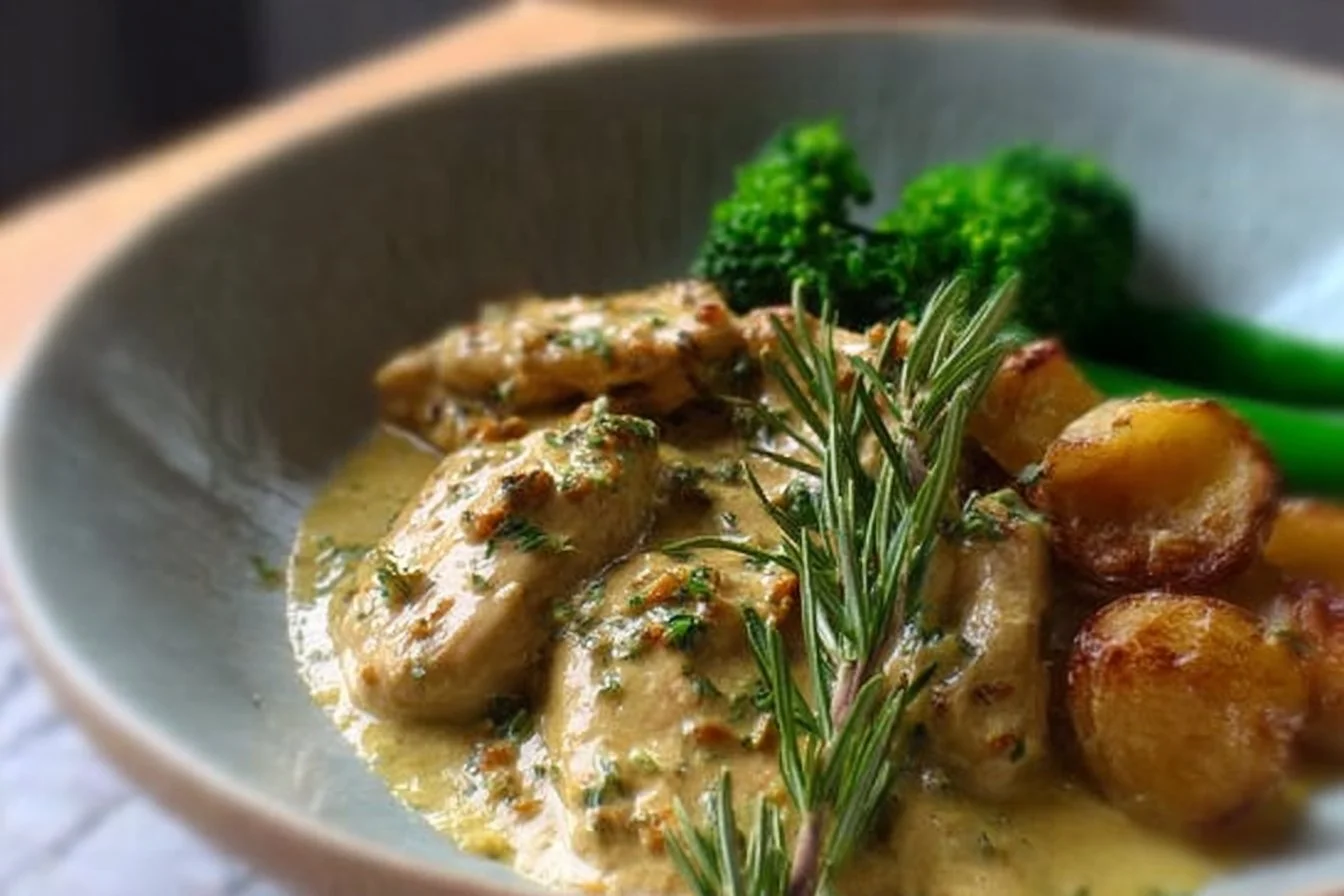 Delicious creamy chicken dish served with herbs and spices