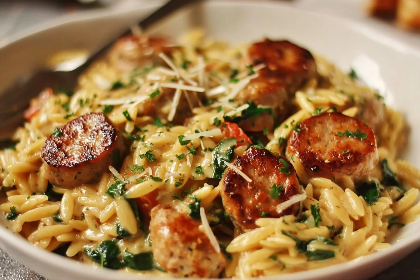 Creamy Chicken Sausage Orzo: A One-Pan Meal 3 Creamy chicken sausage orzo prepared in a one-pan meal for easy cooking.