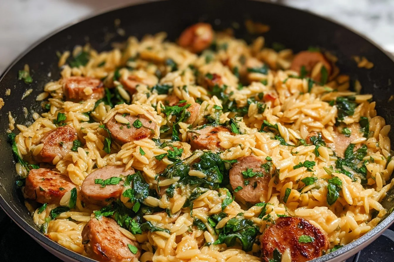 Creamy chicken sausage orzo skillet dish served in a pan
