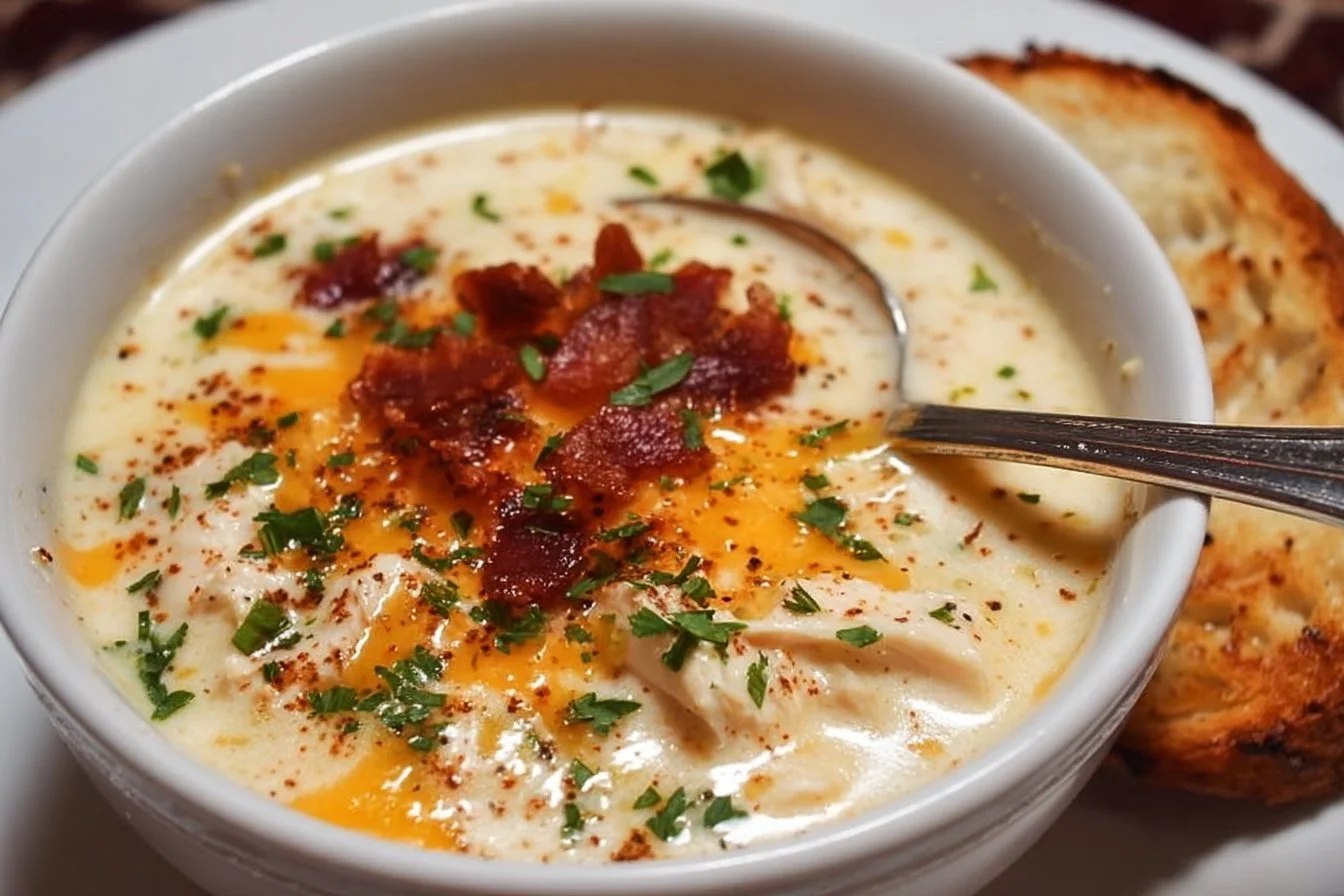 Creamy Keto Chicken Cream Cheese Soup in a bowl topped with herbs