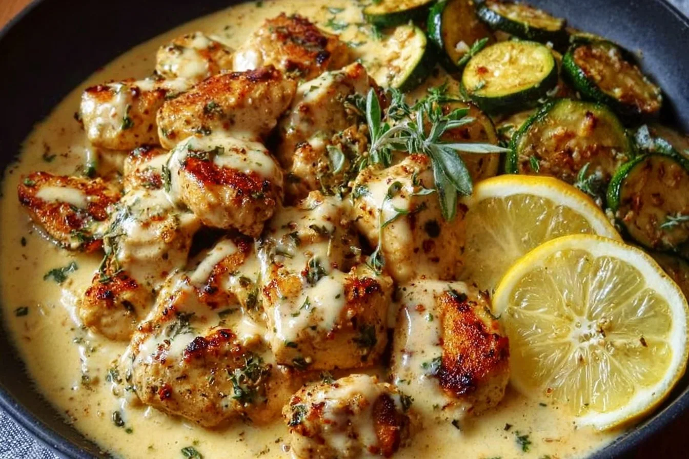 Creamy lemon butter chicken served with crispy zucchini on a plate.