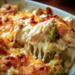 Creamy low carb chicken casserole with vegetables and cheese baked in a dish