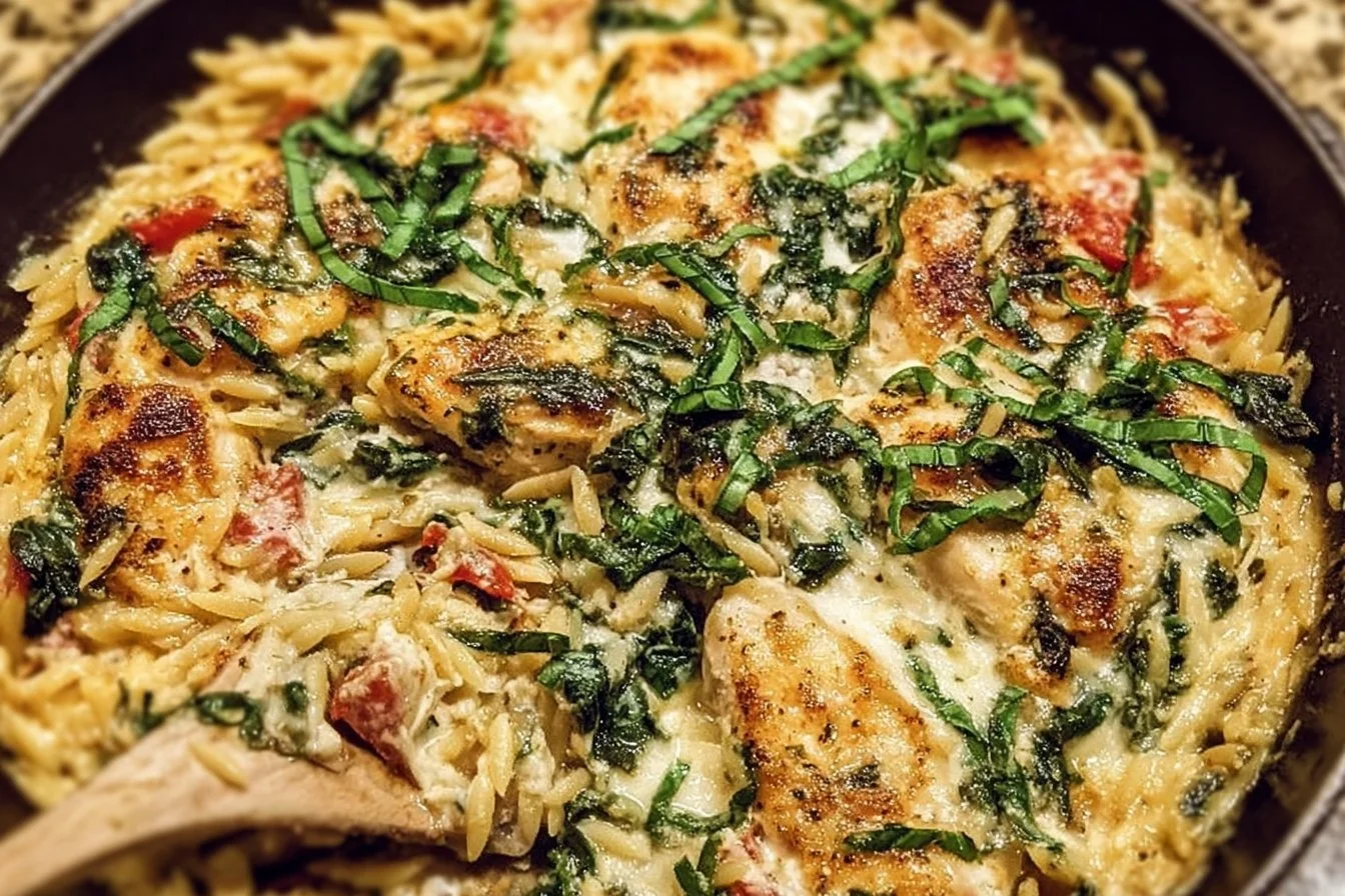 Creamy Ricotta Chicken and Orzo Skillet served in a pan