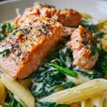 Creamy spinach salmon pasta topped with fresh herbs and Parmesan cheese.