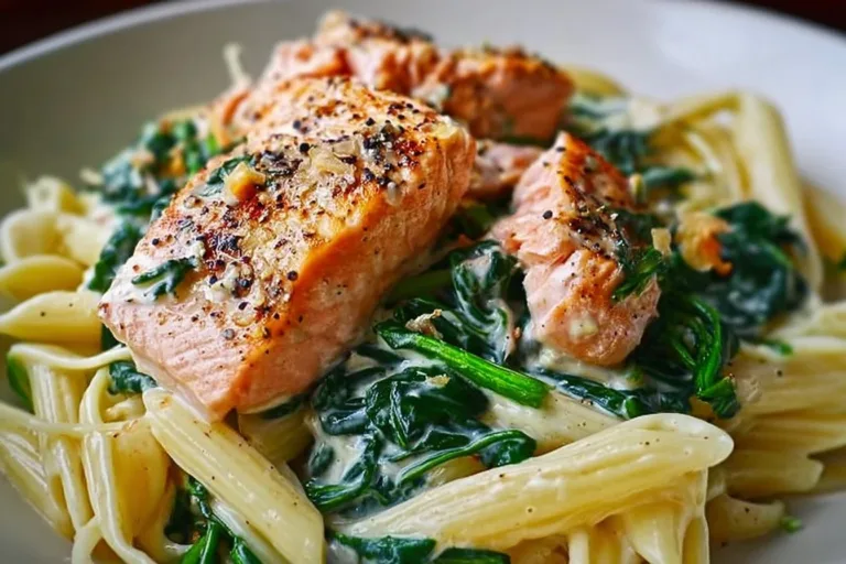 Creamy spinach salmon pasta topped with fresh herbs and Parmesan cheese.
