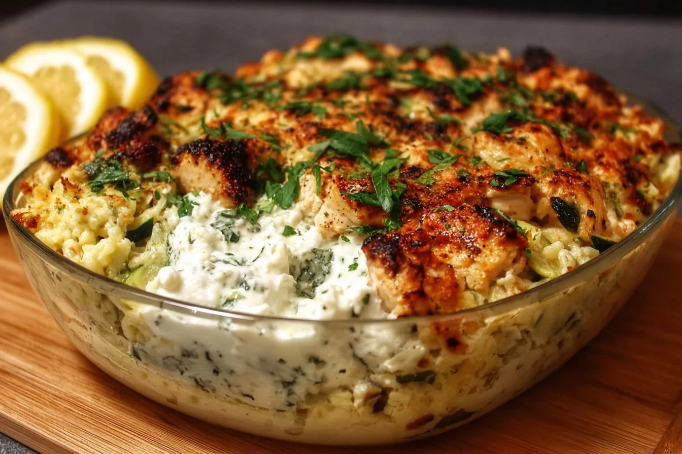 Delicious Dump and Bake Chicken Tzatziki Casserole ready to serve