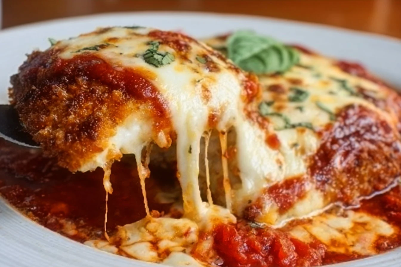 Easy chicken parmesan served with marinara sauce and fresh basil