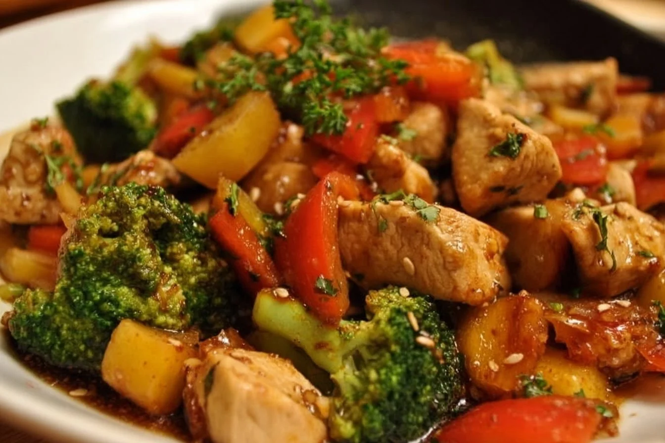 Easy Chicken Stir Fry 3 Colorful easy chicken stir fry with vegetables in a skillet