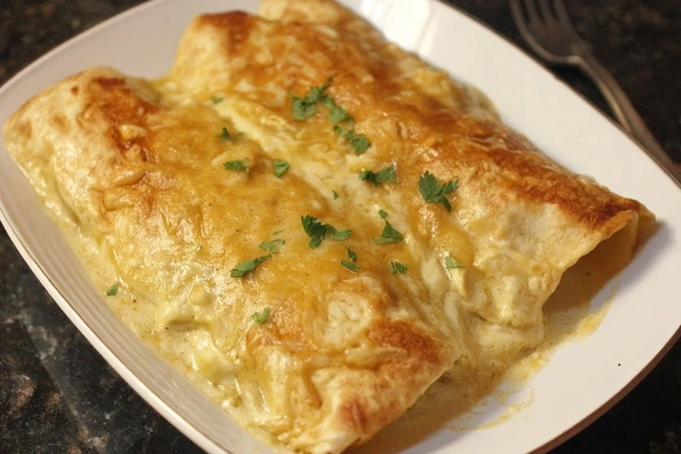Delicious creamy white chicken enchiladas topped with cheese and cilantro.
