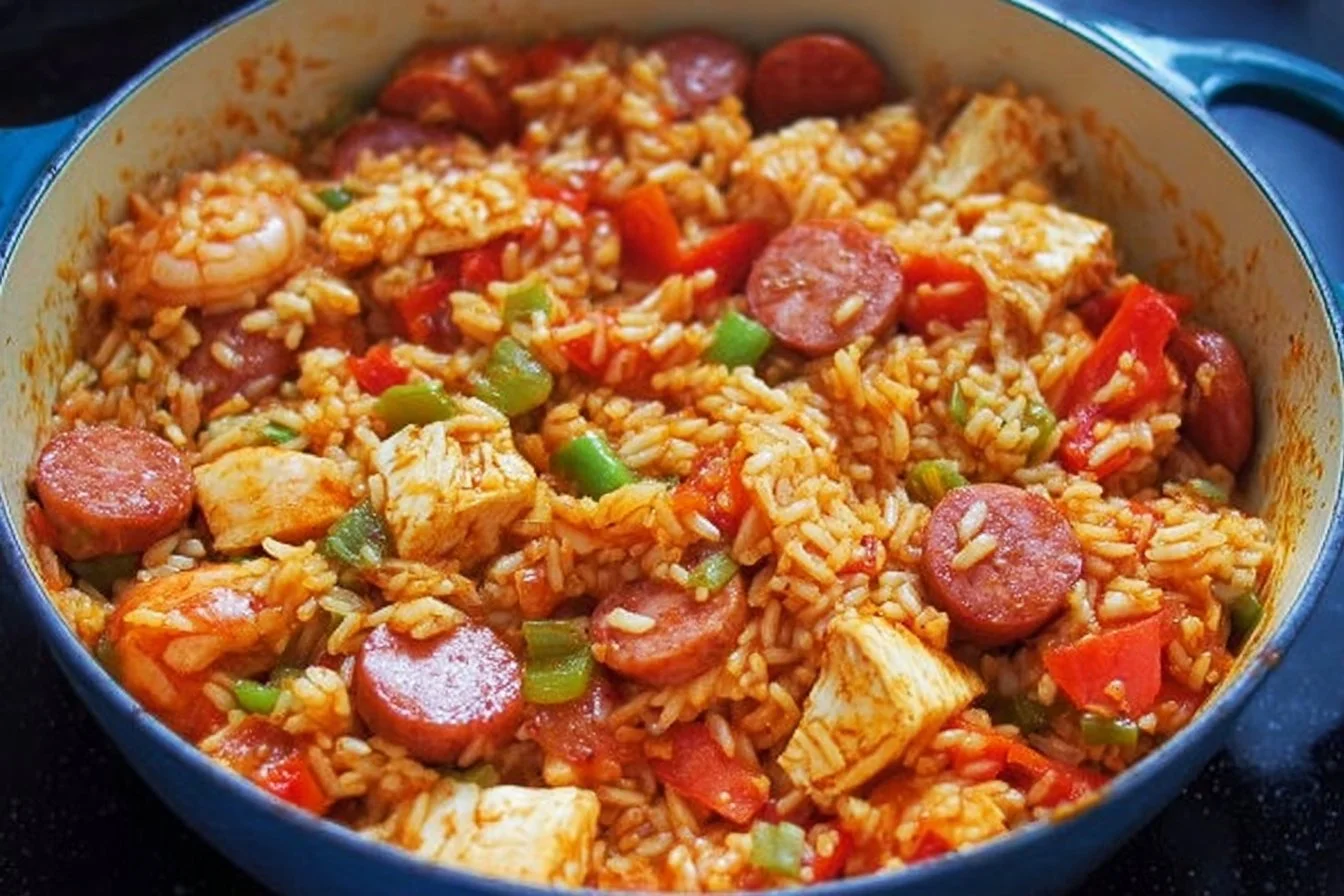 Delicious easy jambalaya served in a bowl with shrimp, sausage, and spices.