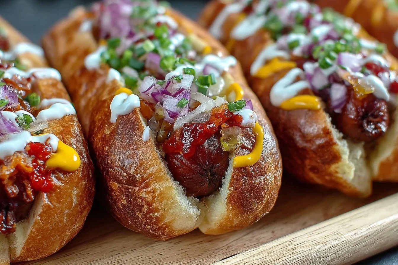 Flavorful Firecracker Hot Dogs with spicy toppings and garnishes