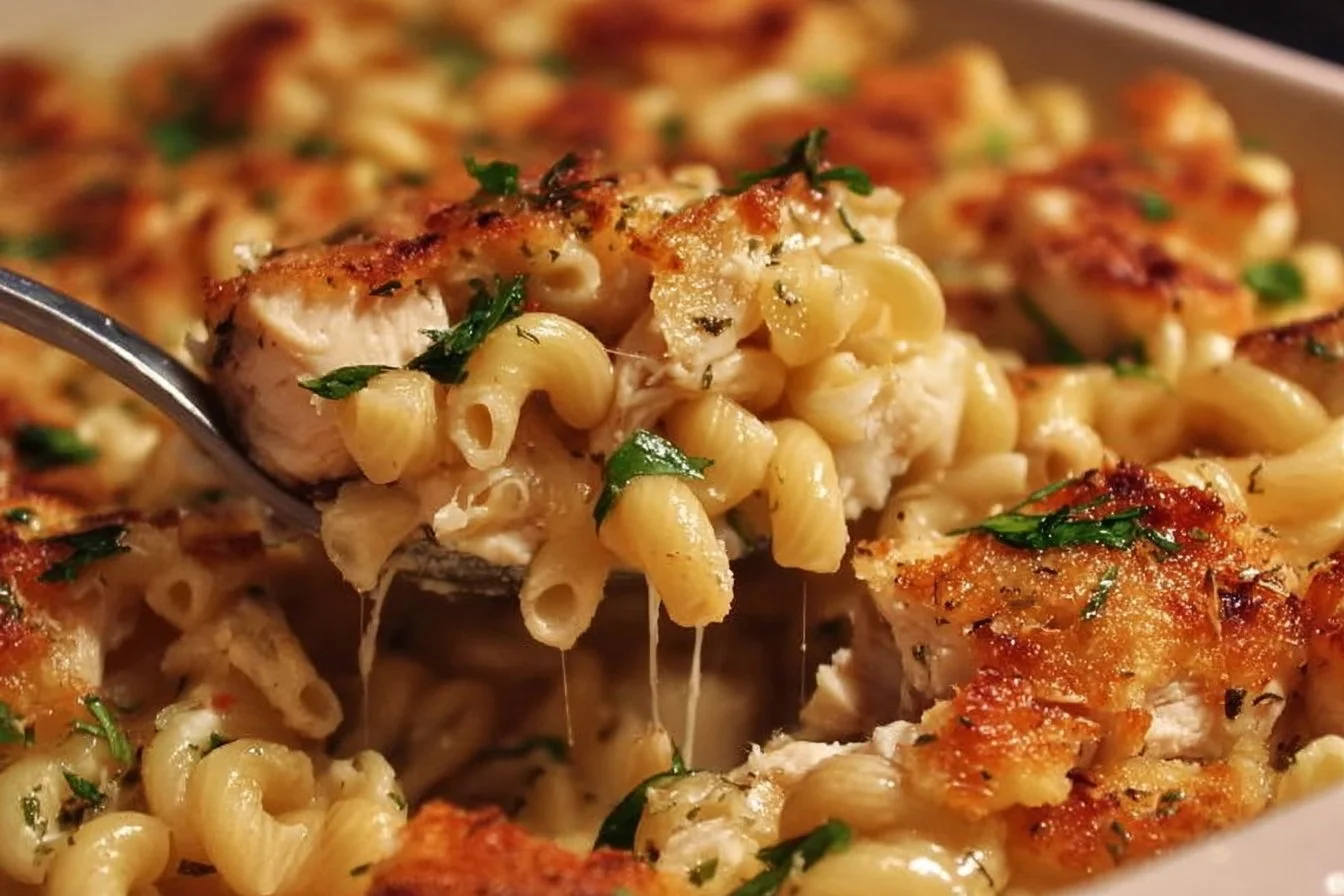 Delicious Garlic Parmesan Chicken Pasta Bake topped with cheese and herbs