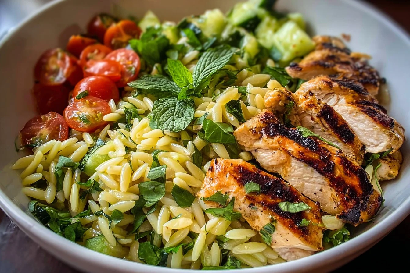 Colorful Grilled Chicken Orzo Salad with fresh vegetables and herbs