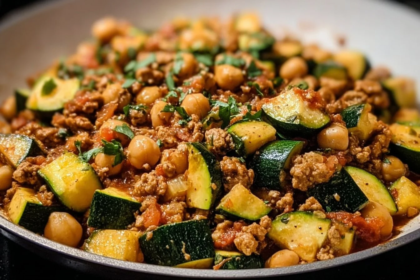 Ground turkey zucchini chickpea skillet dish garnished with herbs