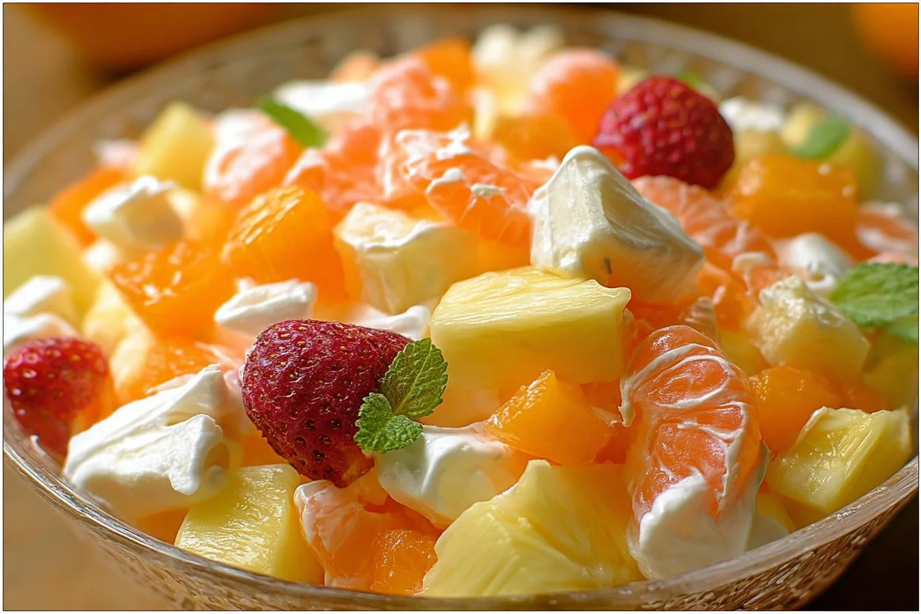 Colorful Hawaiian Fruit Salad with tropical fruits like pineapple, mango, and kiwi