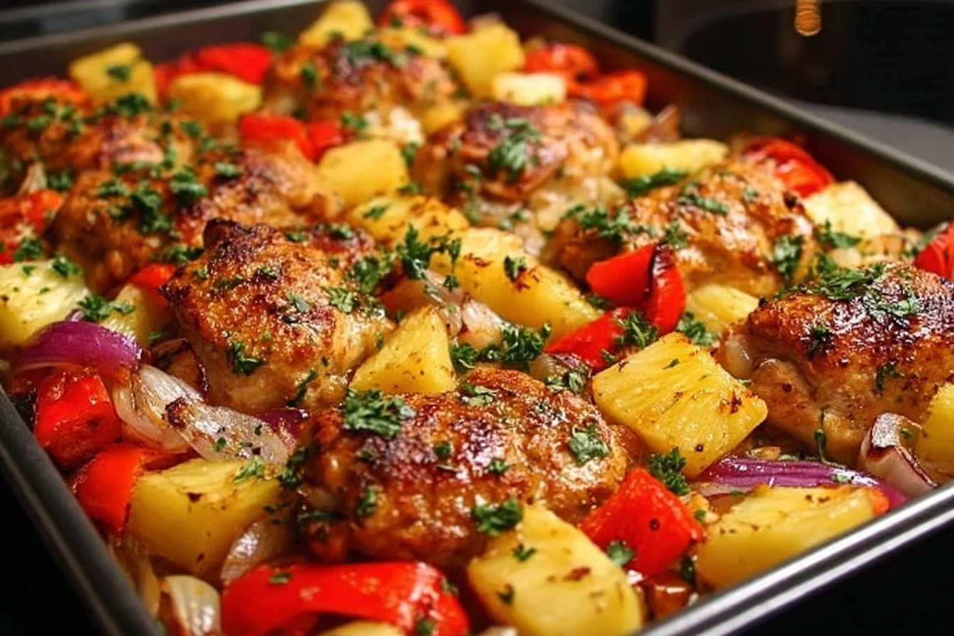 Hawaiian Pineapple Chicken Sheet Pan Dinner with vibrant vegetables and pineapple