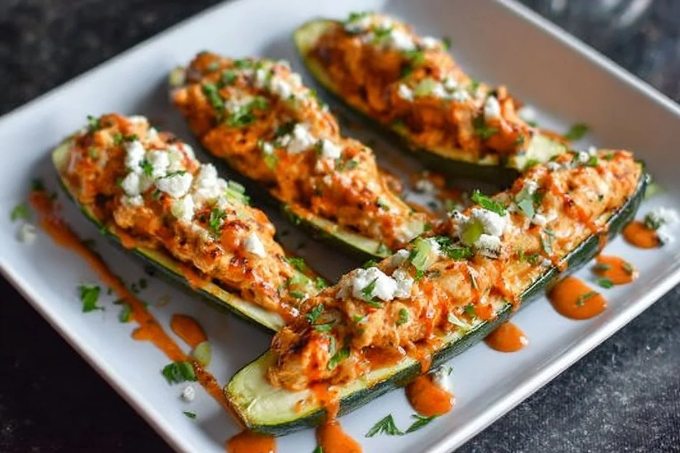 High Protein Buffalo Chicken Stuffed Zucchini Boats