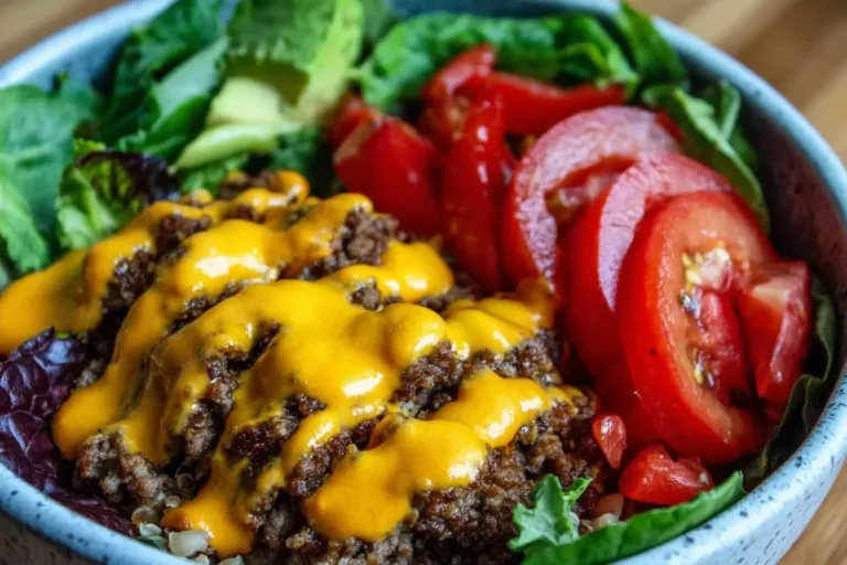 High-protein cheeseburger bowls with ground beef and burger sauce