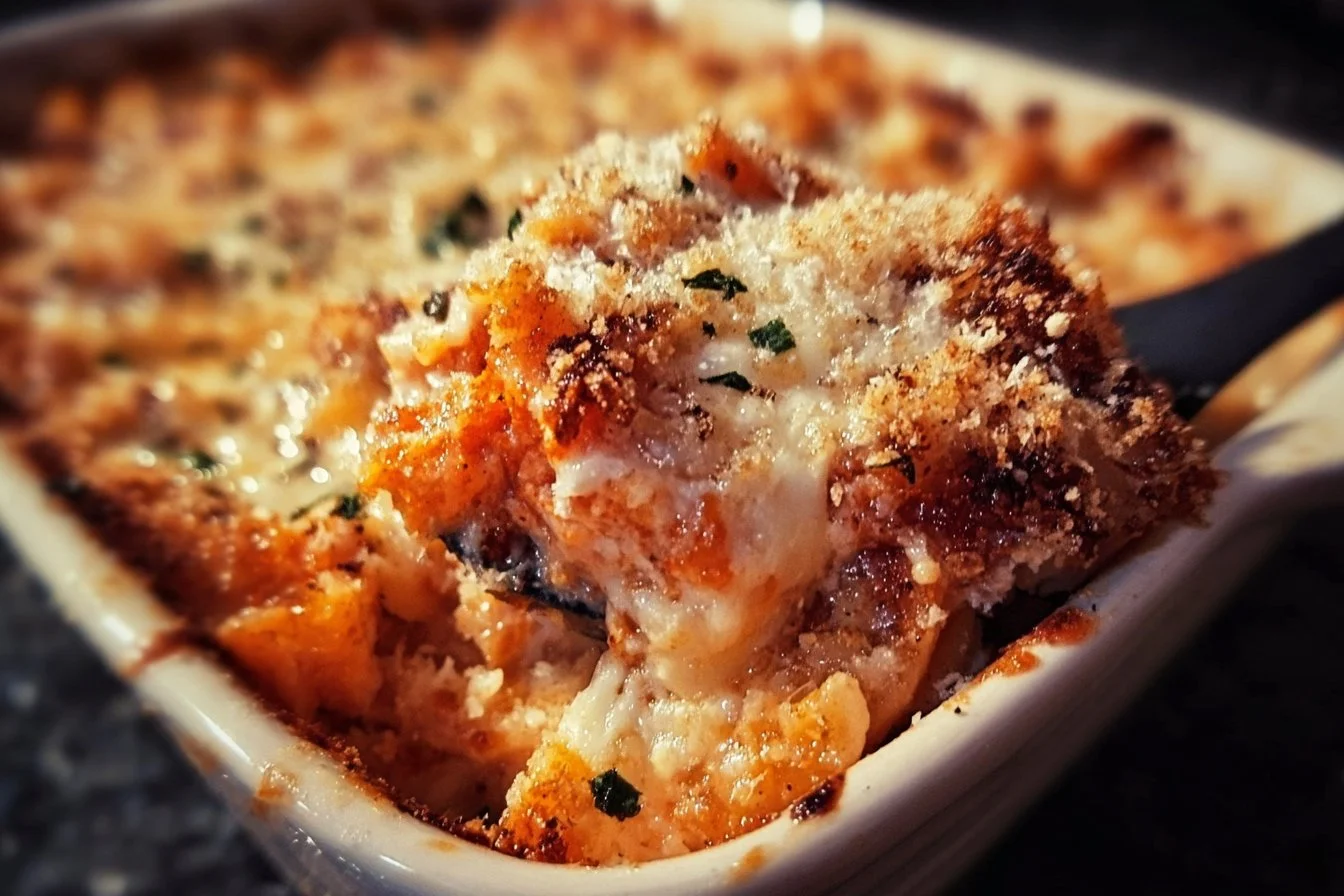 High protein chicken parmesan casserole with cheese and pasta in a baking dish