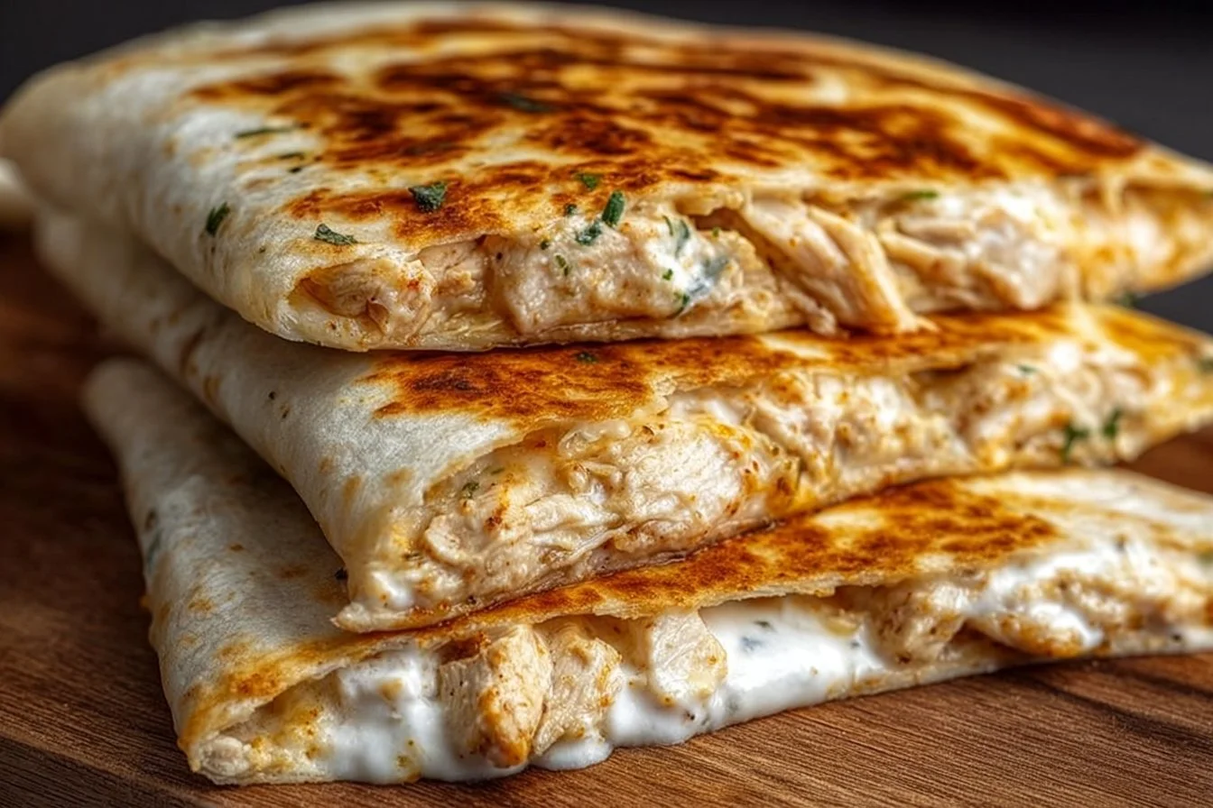 Delicious high-protein chicken ranch quesadilla with cheese and ranch dressing.