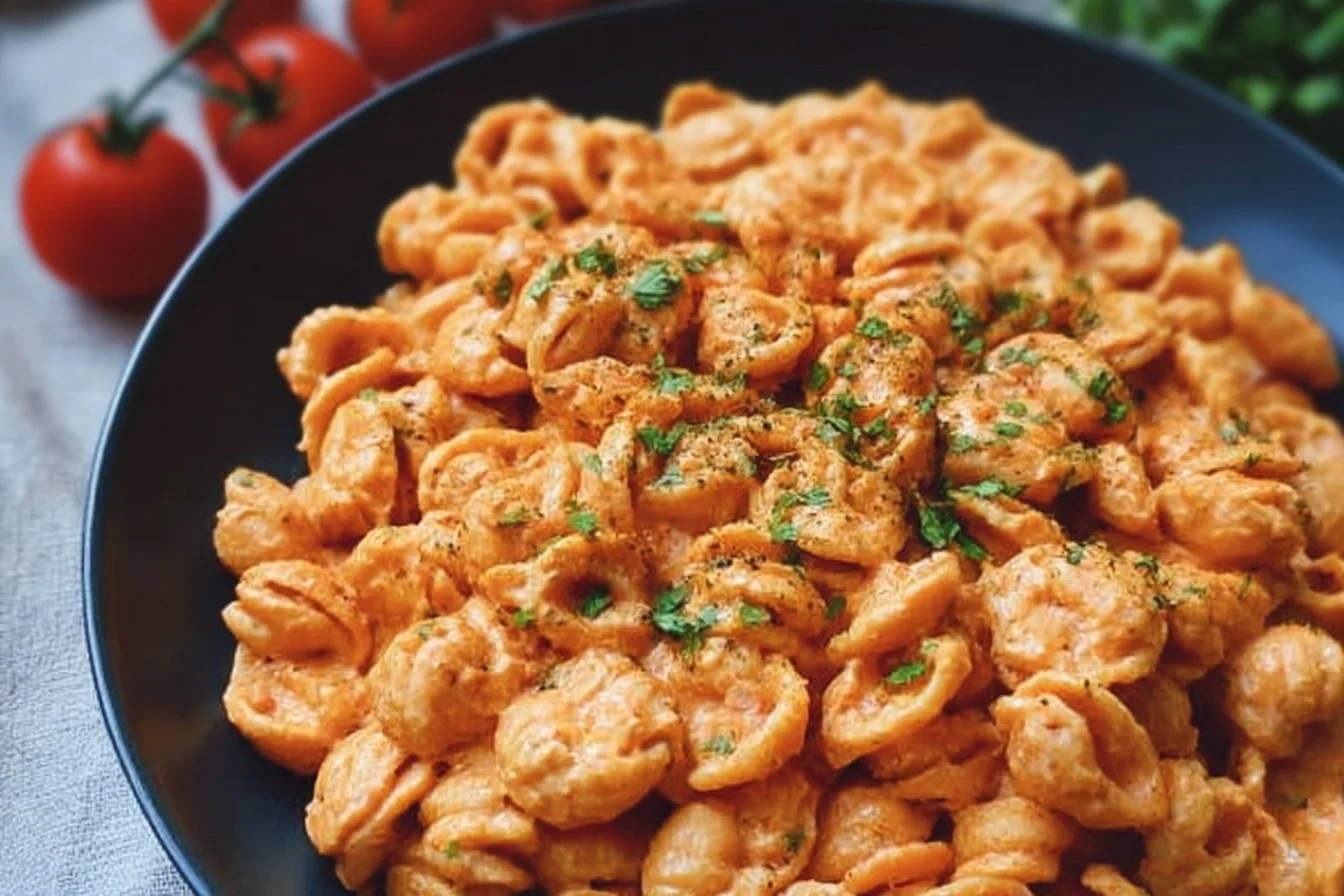 High-Protein Cottage Cheese Pasta Sauce 3 High-protein cottage cheese pasta sauce on a plate with fresh herbs