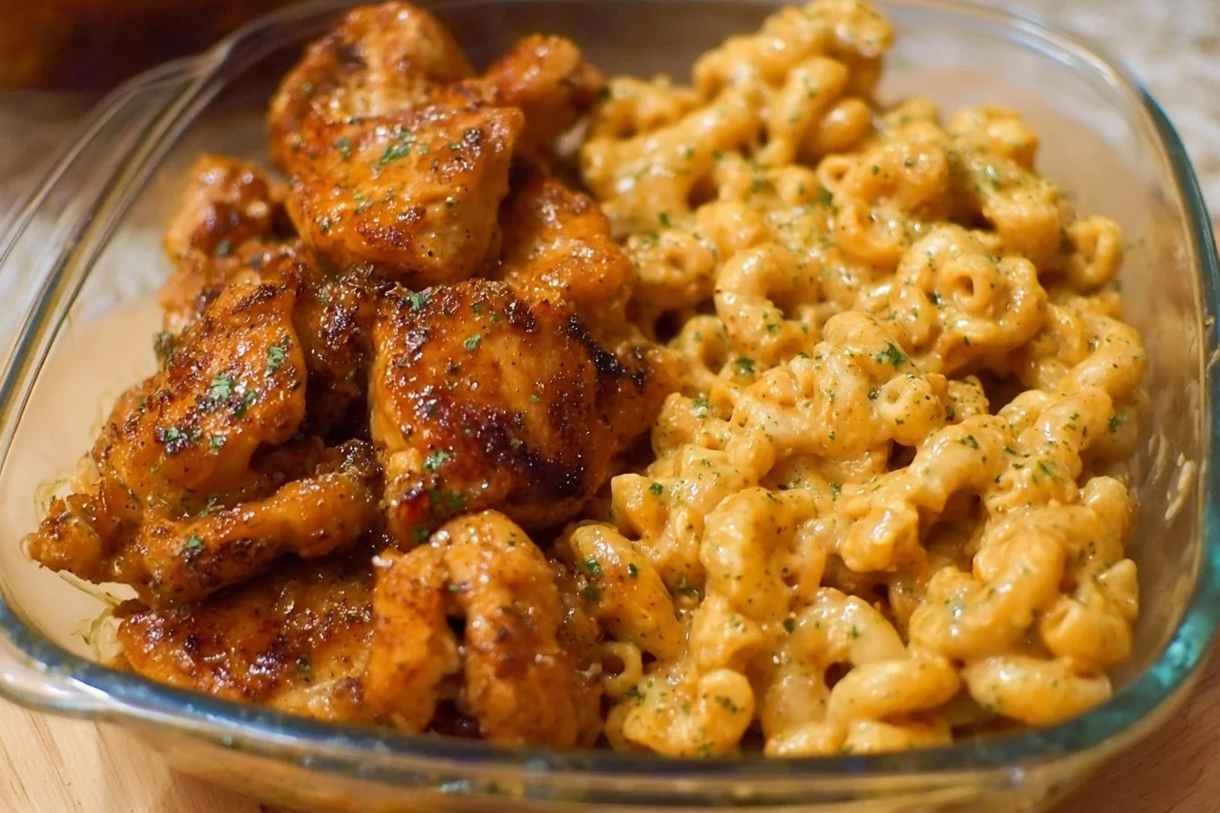 High-protein honey garlic butter chicken served with creamy mac and cheese