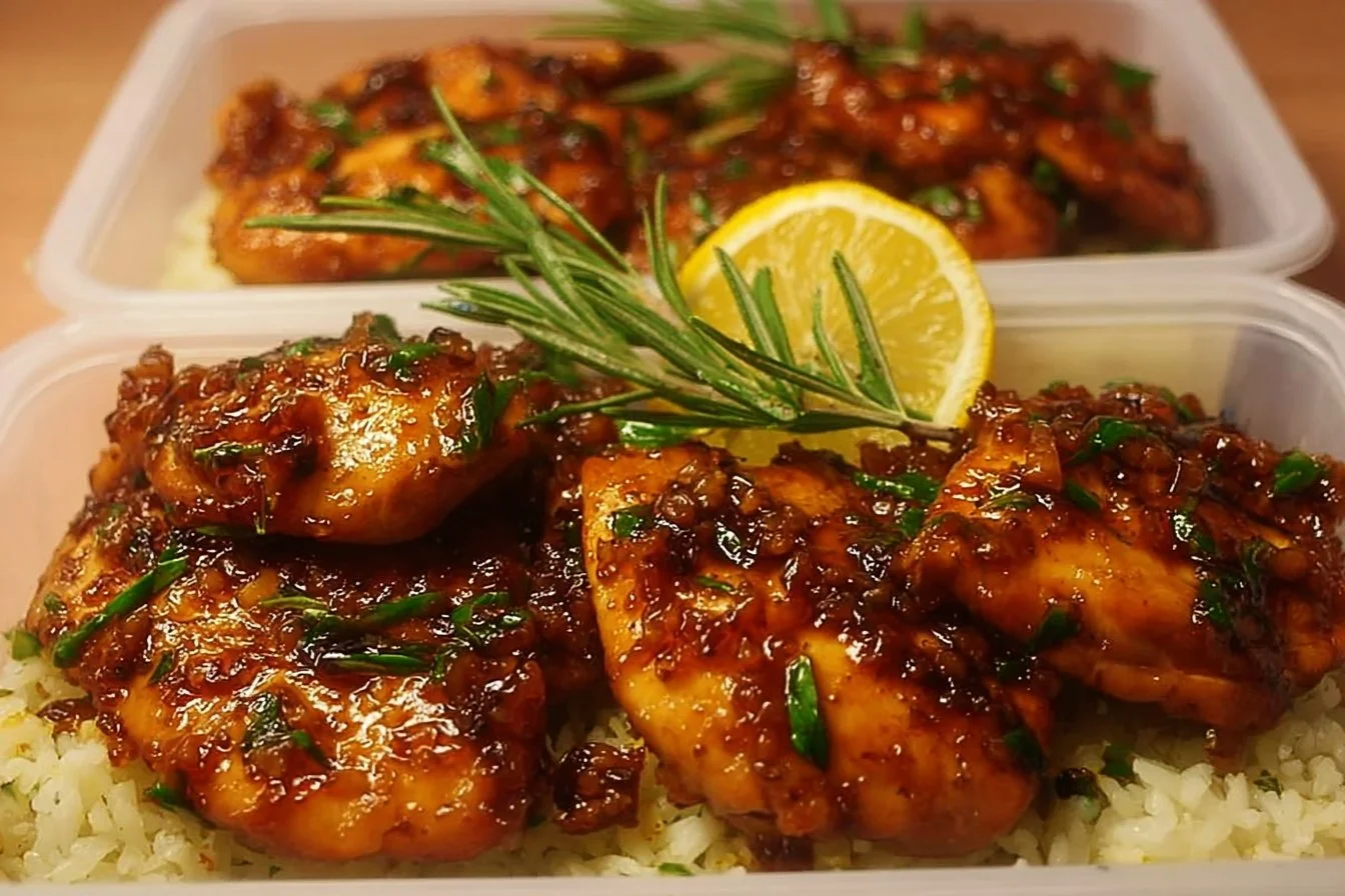 High Protein Honey Lemon Chicken served on a plate with fresh herbs
