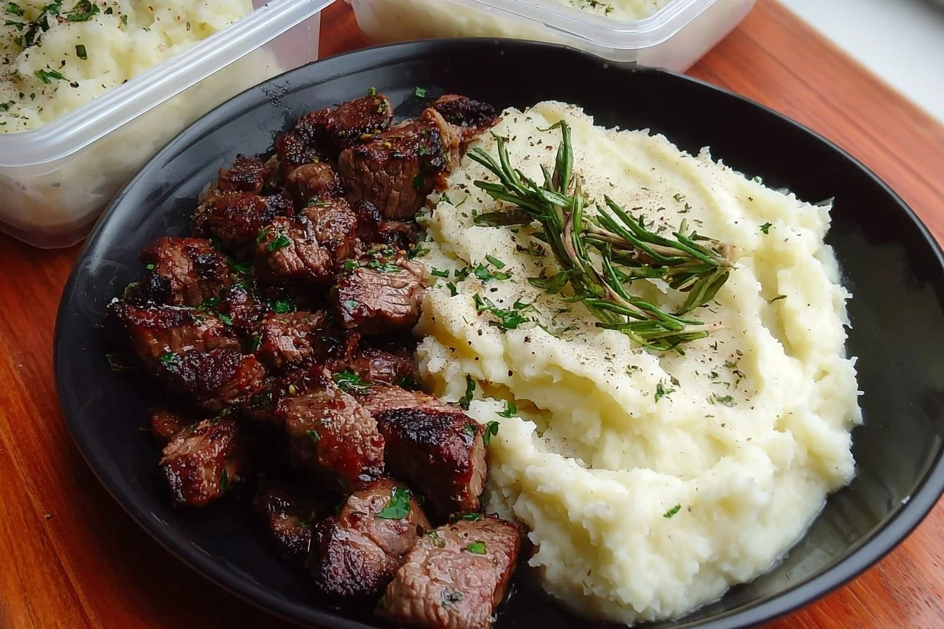 High Protein Low Calorie Garlic Butter Steak & Creamy Mashed Potato Meal Prep